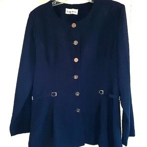 Nicole Studio Size Large Dark Blue & Silver Button Up Blazer W Adjustable Belt
